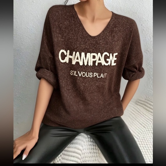 MADE IN ITALY Brown Cozy  sweater featuring 'CHAMPAGNE S'IL VOUS PLAIT' - Picture 1 of 1